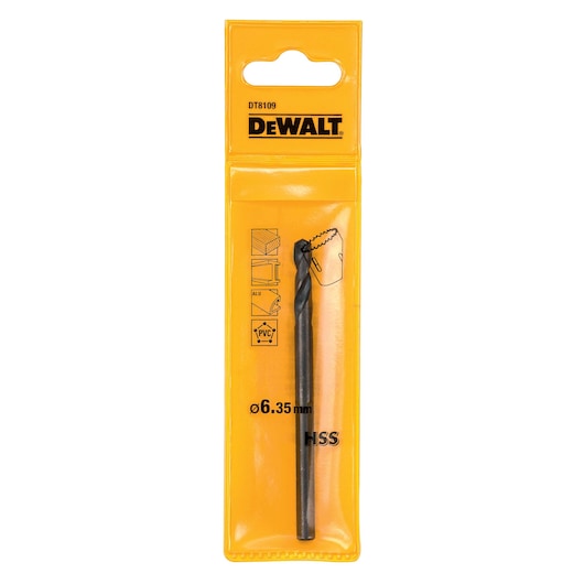 DEWALT DT8109 drill bit in yellow packaging, 6.35mm diameter, suitable for metal, wood, plastic.