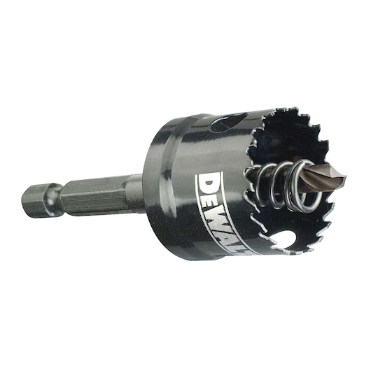 DEWALT DT8254 hole saw drill bit with hex shank and spring for woodworking, shown close-up.
