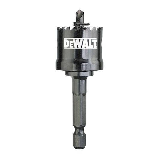 DEWALT hole saw drill bit with jagged edge and shank, designed for cutting holes in materials.