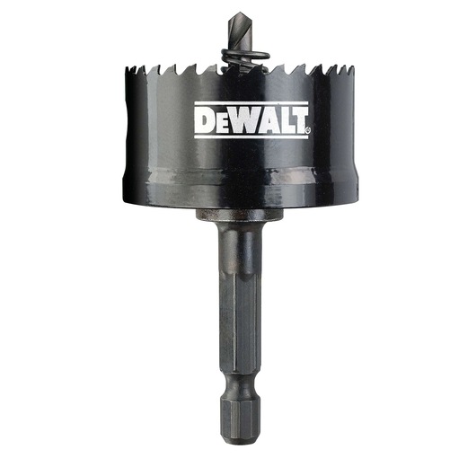 DEWALT hole saw with pilot drill bit for cutting circular holes in materials. Black finish with saw teeth.