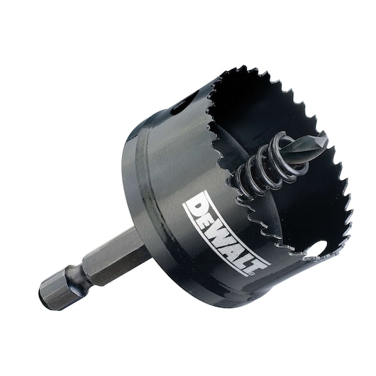 DEWALT hole saw drill bit with hex shank and spring, used for cutting holes in various materials.