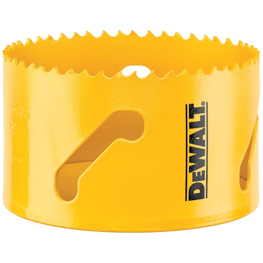 Yellow DEWALT hole saw with sharp teeth, used for cutting holes in wood or metal. DEWALT logo visible on side.