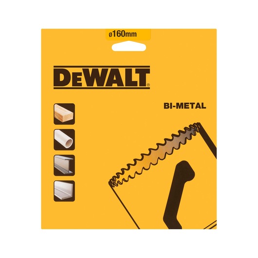 DEWALT BI-METAL saw blade packaging, 160mm, for wood, metal, and plastic cutting.