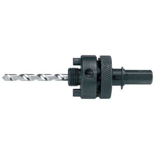 DEWALT DT8282 hole saw arbor with pilot drill bit for power tools, shown on a white background.