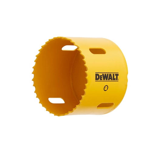 DEWALT yellow bi-metal hole saw for drilling circular holes in materials. Teeth and vents visible.