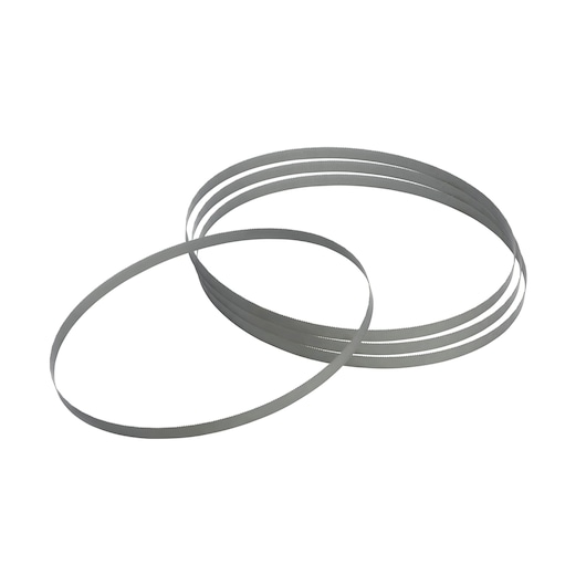 Set of silver DEWALT bandsaw blades arranged in overlapping loops on a white background.