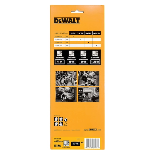 Back of DEWALT DT8460 saw blade pack with product info, usage diagrams, and specifications.