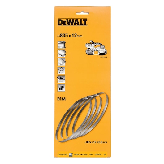 DEWALT DT8463 bandsaw blades pack, 835 x 12mm. For cutting metal, PVC, aluminum. Four blades included.