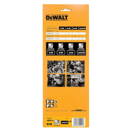 Back of DEWALT DT8463 saw blade packaging with product details, specifications, usage icons, and barcode.