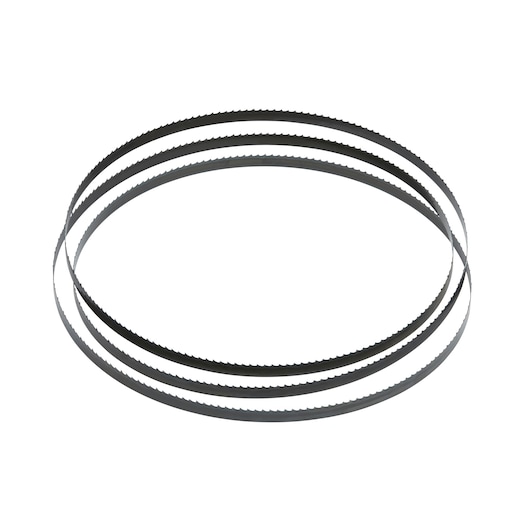 Three DEWALT metal bandsaw blades arranged in a circular shape on a white background.