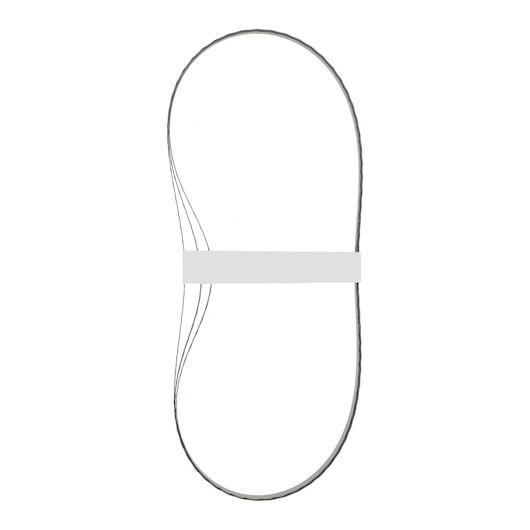 Metal band saw blade pack with several thin loops, held together by a white band, against a white background.