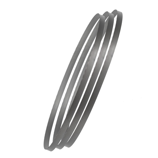 Three metal band saw blades are coiled together against a white background.
