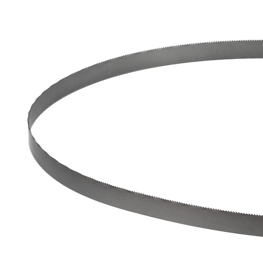 A metal band saw blade with fine teeth shown in a circular shape on a white background.