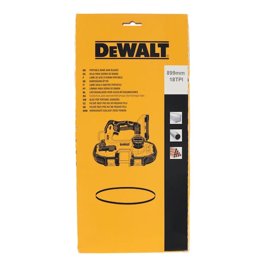DEWALT portable band saw blade packaging, yellow with product details and band saw illustration.