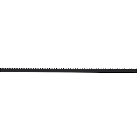 A DEWALT DT8483 bandsaw blade with sharp teeth for cutting, shown on a white background.