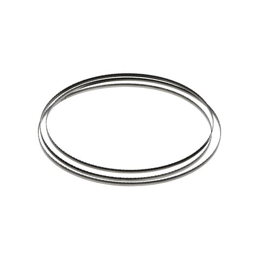 DEWALT DT8484 metal bandsaw blade coiled in a loop, used for cutting applications in woodworking or metalworking.
