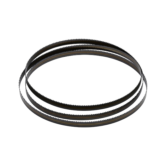 DEWALT DT8485 band saw blade, shown in a coiled loop with serrated edges for cutting.