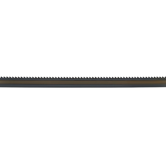 Metal bandsaw blade with fine teeth, shown horizontally on a white background.