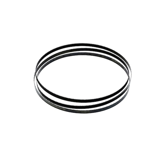 DEWALT DT8486 metal band saw blade with teeth, coiled in a circle on a white background.