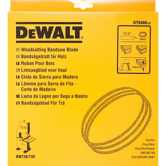 DEWALT DT8486 woodcutting bandsaw blade packaging, yellow with multilingual text and product diagram.