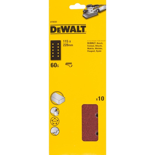 DEWALT DT8550 sanding sheets, 60 grit, 115x228mm, pack of 10 for multiple brands. Package shown.