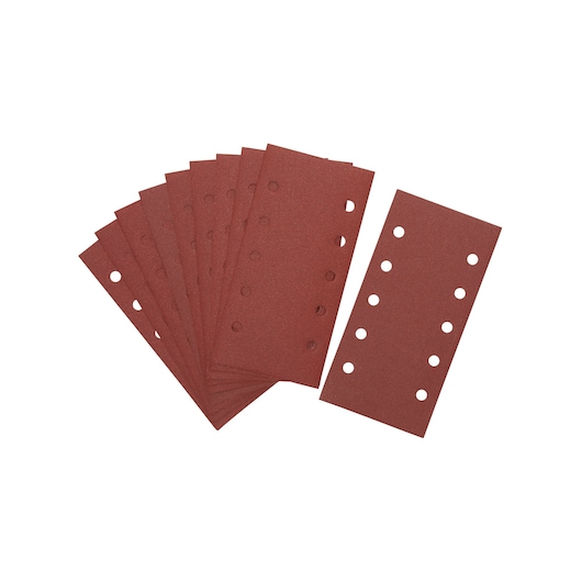 Set of rectangular sanding sheets with holes, arranged in a fan shape on a white background.