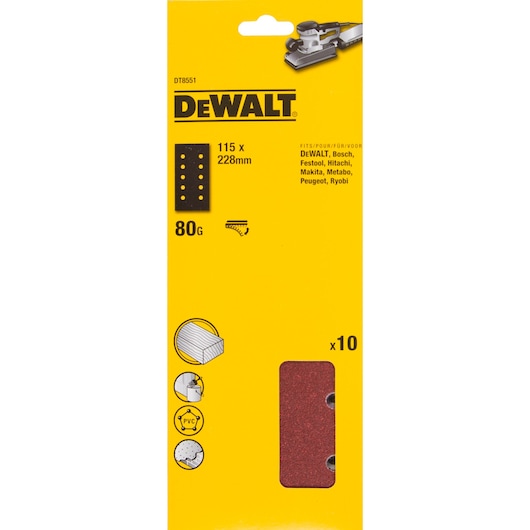 DEWALT DT8551 sanding sheets pack, 115x228mm size, 80 grit, suitable for various materials, contains 10 sheets.