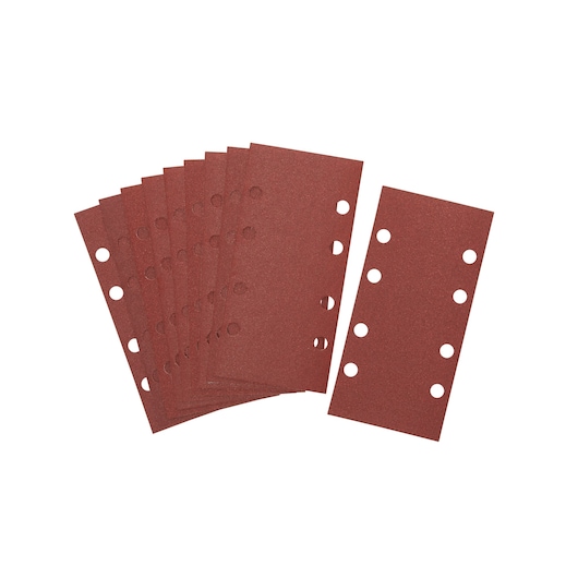 Pack of rectangular sanding sheets with holes, suitable for use with DEWALT sanders.