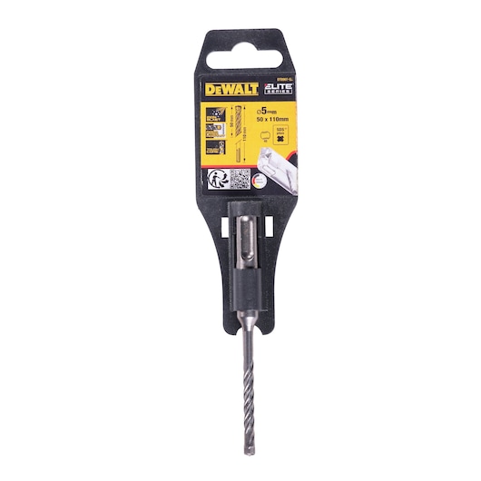 DEWALT DT8907 drill bit in retail packaging, 5mm x 110mm, Elite Series, shown upright on a white background.
