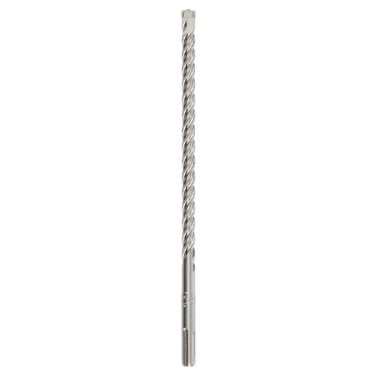 Long silver DEWALT drill bit with spiral design, used for drilling in masonry or concrete surfaces.