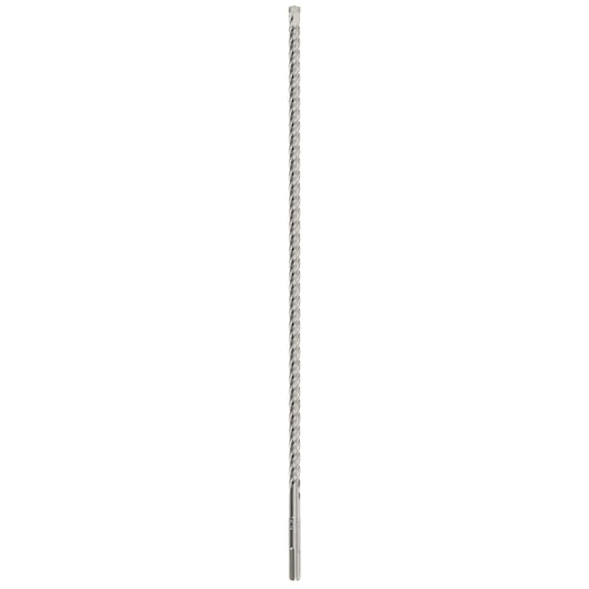 A long, silver DEWALT rotary hammer drill bit with spiral design, shown vertically on a white background.