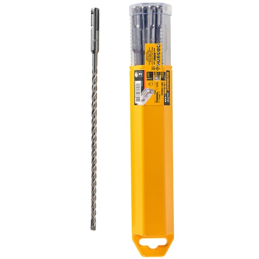 DEWALT DT8961 SDS drill bit and yellow storage tube with label for masonry drilling.