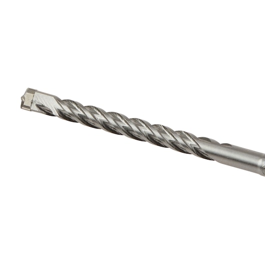 Close-up of a metal drill bit with spiral grooves used for drilling in various materials.