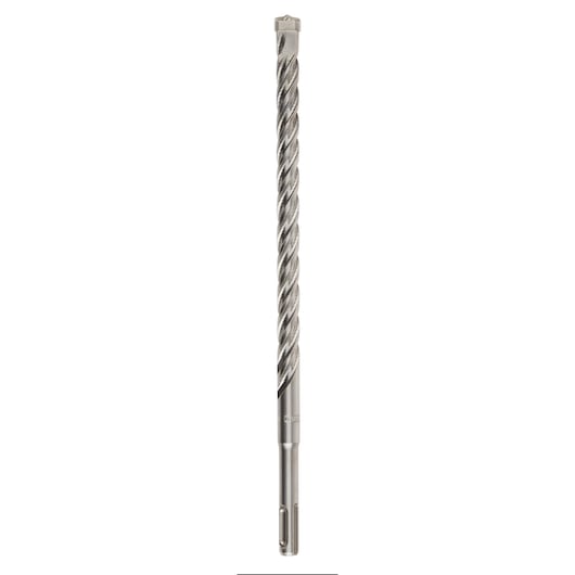 Long silver DEWALT masonry drill bit with spiral design for concrete and stone drilling.