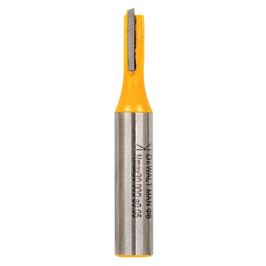 DEWALT DT90001 straight router bit with yellow coating and metal body, used for precision wood cutting.