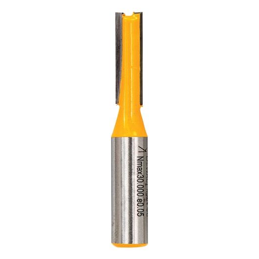 DEWALT DT90002 straight router bit, silver and yellow, shown upright against a white background.