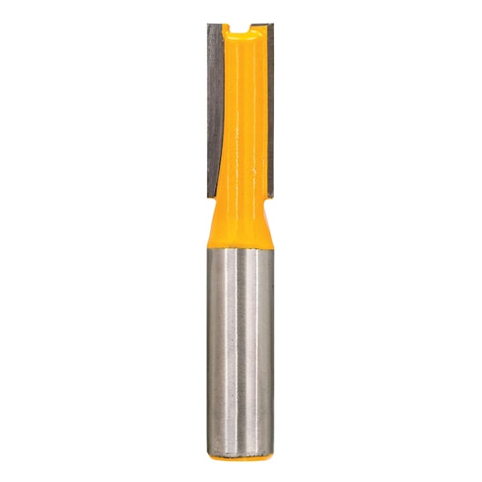 DEWALT DT90003 straight router bit with yellow coating and steel shank, used for woodworking.