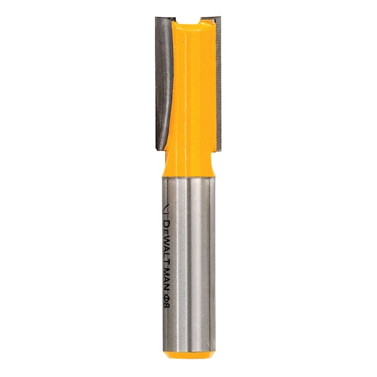 DEWALT straight router bit with yellow coating and steel shank, used for woodworking and precise cutting.