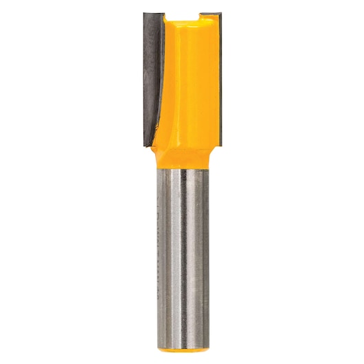 DEWALT DT90005 yellow straight router bit for woodworking, metal shaft, isolated on white.