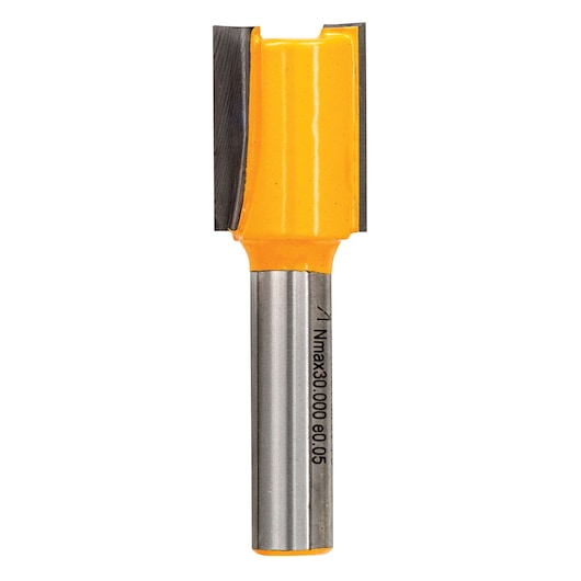 DEWALT DT90007 straight router bit with yellow body and sharp cutting edges, used for woodworking.