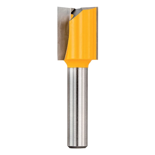 DEWALT straight router bit with yellow coating and steel shank, used for woodworking and cutting grooves.