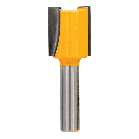 DEWALT DT90009 straight router bit with yellow coating and steel shank, used for woodworking.