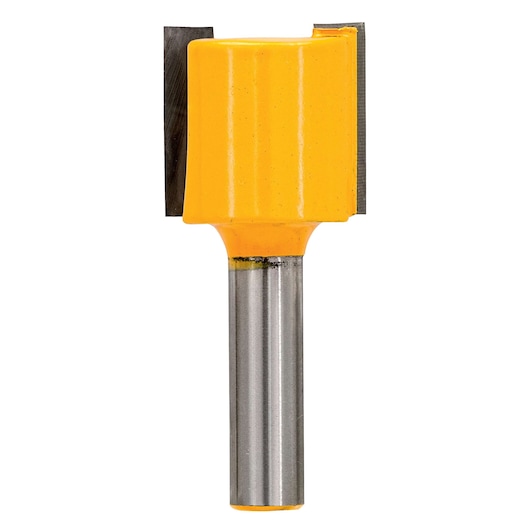 DEWALT straight router bit with yellow body and steel shank, designed for woodworking tasks.