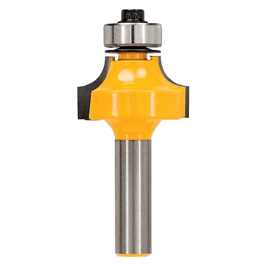 DEWALT router bit with yellow body and bearing, used for woodworking tasks and edge shaping.