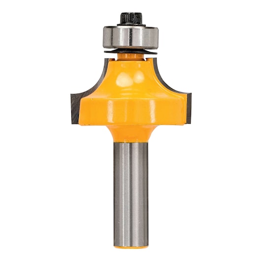 DEWALT yellow router bit with bearing, used for woodworking and shaping edges.