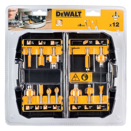 DEWALT 12-piece router bit set in plastic case, 8mm shank size, DT90016, organized for woodworking tasks.