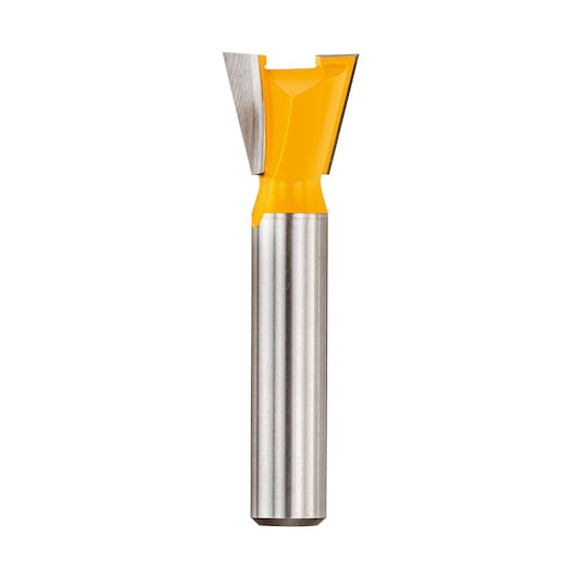 DEWALT DT90017 dovetail router bit with yellow and silver body, suitable for woodworking applications.