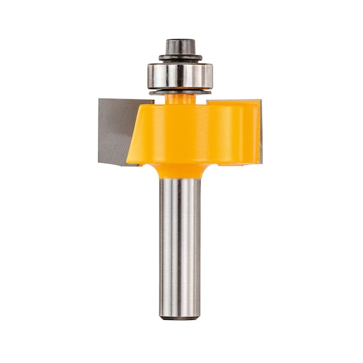 A yellow DEWALT router bit used for woodworking, featuring a straight cutting edge and metal bearing.