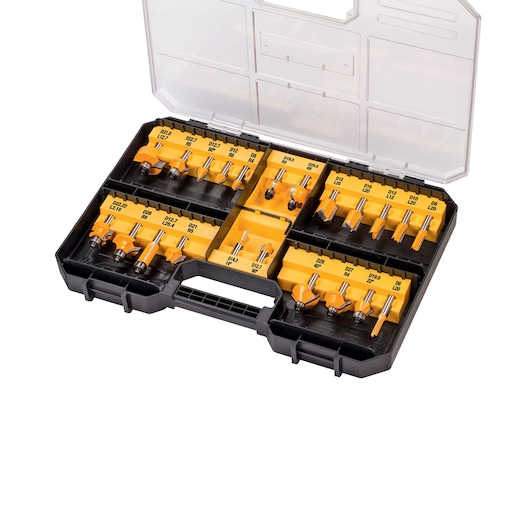 DEWALT router bit set in a black case with a clear lid, organized in compartments.