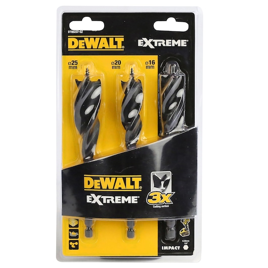 DEWALT Extreme impact wood drill bit set, three sizes 16, 20, 25 mm, in yellow and black packaging.